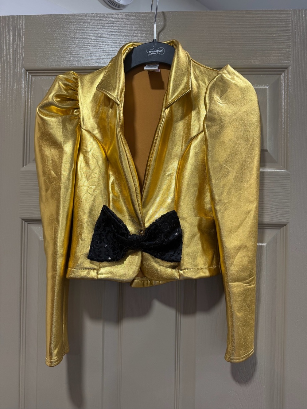 Gold Metallic Cropped Jacket with Black Sequin Bow